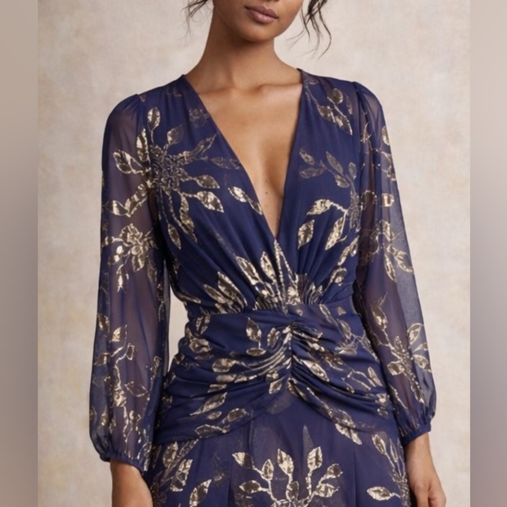*SOLD* NWT ANTHRO | $528 Delfi Lizette Ruched Silk Chiffon Dress - Picture 2 of 7